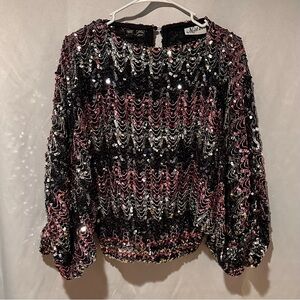 Vintage 70s Pink Silver Black Sequin Disco Top Batwing Sleeves